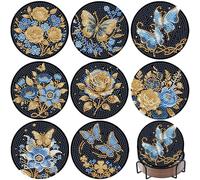 DIY Diamond Painting Coasters Kit, 8Pcs Butterfly Floral Drink Art Coasters with Holder, Mosaic Coaster Set for Adults and Beginners, New Home Gifts, Relaxing Handmade Gift for Home and Kitchen