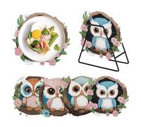 DIY Diamond Painting Placemats Round Design Table Hot pad Coasters for Modern Dining (4pcs Owl Set)