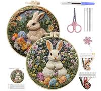 DIY Easter Embroidery Kit for Beginners, 3D Bunny Pattern Cross Stitch Kits with Hoop, Yarns, Instruction and Threader Tools-2PCS-B