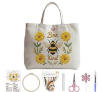 DIY Embroidery Flower Shoulder Bag Cotton Colored Canvas Tote Bag, Portable Shopper with Organizer and Tool Kit-03-Bee