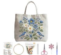 DIY Embroidery Flower Shoulder Bag Cotton Colored Canvas Tote Bag, Portable Shopper with Organizer and Tool Kit-02-Bird