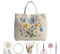 DIY Embroidery Flower Shoulder Bag Cotton Colored Canvas Tote Bag, Portable Shopper with Organizer and Tool Kit-01-Flowers