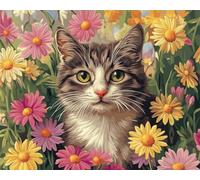 DIY Embroidery Starter Kit Cat Animal and Colored Chrysanthemums DIY Bead Embroidery Craft Kit for Beginners Cross Stitch Needlework Set 30x40cm