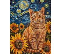 DIY Embroidery Starter Kit Cat Animal and Sunflower Flowers Beaded Cross Stitch Kits Beading Pattern Needlework Embroidery Handcraft Kit 50x70cm