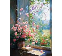 DIY Embroidery Starter Kit Pink Flowers On The Windowsill Mosaic Beads Embroidery Handmade Bead Cross Stitch Kits Gift for Friends 30x40cm