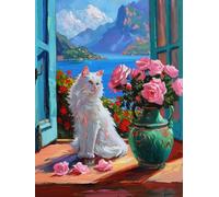 DIY Embroidery Starter Kit White Cat Animal and Roses DIY Bead Embroidery Material Package Handmade Stereoscopic Photo Ornament Gift 40x50cm