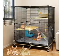 DIY Encrypted Mesh Bunny Cage, Indoor/Outdoor Rabbit Cage, Multi-Layer Platform, with Grid Foot Pads and Wheels
