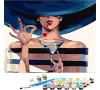 DIY Fabric Decorating Kits, ABEUTY Paint by Numbers Girl with Blue Hat & Cherry Wine Glass 16x20 inches Number Painting Wall Art (Wooden Framed)