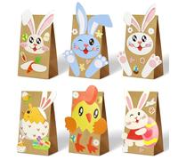 DIY Gift Bags for Easter, 12Pcs Creative Handmade DIY Paper Bags, Kraft Paper Bag with Easter Bunny and Easter Eggs Stickers for Packaging Easter Gifts