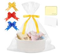 DIY Gift Woven Basket Kit - Cotton Rope Hamper with Cellophane Bags, Ribbons & Cards Nursery Organisers Storage for Baby Shower, Wedding, Birthday (30 x 20 x 12.5 cm, White)
