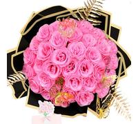 DIY Glitter Roses Bouquet 36 Pack - Artificial Shiny Flowers Bouquet Fake Eternal Floral with Stems Flower Wrapping Paper 3D Butterflies Crowns for Anniversary Valentine's Day Birthday -Hot Pink Rose
