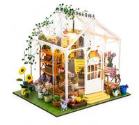 DIY Greenhouse Miniature House Kit with LED Light, Wooden Glasshouse Dollhouse Craft Kit for Adults & Teens, 3D Miniature Model Building Gift & Home Decor Book Nook