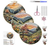DIY Landscape Embroidery Kit for Beginners - 5.91 Inch Round Hoop Art with Imitation Frame, Creative Hand Stitching Craft for Home Wall Decor (Pattern Included)-3PCS Landscape
