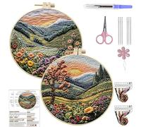DIY Landscape Embroidery Kit for Beginners - 5.91 Inch Round Hoop Art with Imitation Frame, Creative Hand Stitching Craft for Home Wall Decor (Pattern Included)-2PCS Landscape-1
