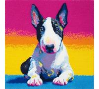 DIY Latch Hook Cushion Kit for Adults,Bull Terrier Dog Sit And Sunset,Pre-Printed Cushion Cover Craft Set with Yarn and Hook,Beginner Crochet Embroidery Kit,43x43 cm Home Décor Gift for Women