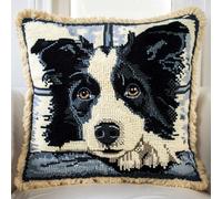 DIY latch hook kit border collie animal pillow embroidery kit Black and white dog DIY Throw Pillow Cover ，Sofa Cushion Cover with Printed Canvas for Beginners Adults Pre-Printed Pattern 43x43cm
