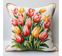 DIY Latch Hook Kit Cushion Red Tulip Sewing Making Kits Pillow Cover Sofa Cushion Cover Craft Kits for Beginners Adults 17x17in