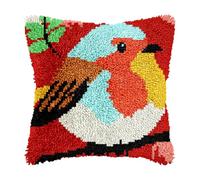 DIY Latch Hook Kits,3D Pillow Materials Package Latch Hook Embroidery Cushion Cover Kits Cross Stitch Sofa Cushion Cover with Tool for Beginner for Home Sofa Festive Decorr Gift( Robin Motif)-43x43cm