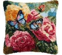 Diy Latch Hook Kits, Butterflies Flying In The Rose Garden 3D Pillow Materials Package Latch Hook Embroidery Kits Cross Stitch Sofa Cushion Cover With Tool Fit For Kids And Adults 17X17Inch