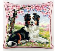 DIY Latch Hook Kits For Adults Border Collie Animal Latch Hook Kit Cushion Dog And Pink Blossom Tree DIY Hook Latch Kit Pillowcase Rug Printed Cushion Crochet Yarn Embroidery Decoration Be 43x43cm