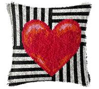 DIY Latch Hook Kits Pillow Kits Black and White Stripes with Red Heart-Shape Easy for Beginners Crochet Yarn Hook and Latch Throw Pillowcase Cushion 43x43cm