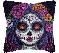 DIY Latch Hook Kits Pillowcase Beautiful Sugar Skull Girl Crochet Yarn Pre-Printed Cushion Needlework Pillow Hook and Latch Kit Cushion Home Sofa Decoration 43x43cm(4)