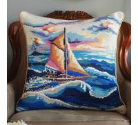 DIY latch hook kits Sailing boat on sea latch hook cushion kits Sea scenery Latch Hook Cushion Kit，DIY Pillow Cover Making Craft Printed Canvas for Beginners Embroidery Crafting Pillow 43x43cm