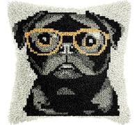 DIY Latch Hook Pillow Kits for Adults Black Pug Dog Pillow Cover with Preprinted Throw Pillowcase Crochet Yarns Embroidery Latch Hooking Cushion for Home Decor 17x17inch(l180)
