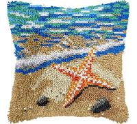 DIY Latch Hook Pillow Kits for Adults Seaside Starfish Pillow Cover Pre-Printed Patterns Pillowcase Needlework Crochet Yarns Latch Hooking Cushion for Sofa Decor 17x17inch(m139)