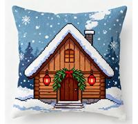 Diy Latch Hook Pillowcase Kits,Cabin In The Snow 45X45Cm Pre Printed Pattern 3D Pillow Materials Package Embroidery Cross Stitch Kit Sofa Cushion Cover With Printed Canvas For Beginners Adults,