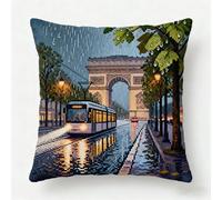Diy Latch Hook Pillowcase Kits,Trams On Rainy Days 45X45Cm Pre Printed Pattern 3D Pillow Materials Package Embroidery Cross Stitch Kit Sofa Cushion Cover With Printed Canvas For Beginners Adults,