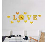 DIY Love Wall Stickers Clock with 3D Acrylic Mirror Stickers Clock for Living Room Bedroom Kitchen Office Home Nursery Decoration(Gold)