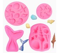 DIY Marine Themed Silicone Mould Set, 4Pcs Ocean Animal 3D Shaped Cake Moulds Pink, Reusable Mermaid Tail Ocean Seashell Shaped Molds, Shells Conch Baking Cake Tools for Bread Chocolate