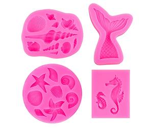 DIY Marine Themed Silicone Mould Set, Mermaid Theme Silicone Baking Molds Tools Fondant Cake Moulds for Cake Cupcake Decorations, Mermaid Tail, Shells, Seahorse Candy Chocolate Baking Molds