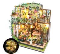 DIY Minature House Kit for Adults, Wooden Dollhouse Kit Miniature House Kit with LED Light, Model Building Christmas Home Decoration Creative Gift for Adults and Teens (Flower House)