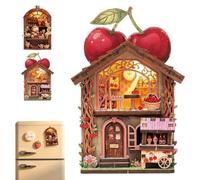 DIY Mini Wooden House Model Kit with LED Light - Magnetic Back Miniature Scene Book Nook Decor, Compact Handmade Craft Ornament for Fridge, Desk, Bookshelf, Gifts for Adults Teens Beginners (Fruit)