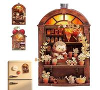 DIY Mini Wooden House Model Kit with LED Light - Magnetic Back Miniature Scene Book Nook Decor, Compact Handmade Craft Ornament for Fridge, Desk, Bookshelf, Gifts for Adults Teens Beginners(Hedgehog)