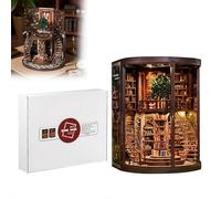 DIY Miniature Dollhouse Kit, 3D Wooden Puzzle Miniature Library Bookshelf Insert Bookend Decor with LED Light and Dust Cover, Creative Craft Decorative Piece, Bookshelf Decor Gift for Avid Readers