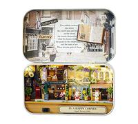 DIY Miniature Handmade Box Dollhouse, Good Old Time Theme Mini Doll House with LED Lights, Includes Notebook for Secret Messages, Wooden Craft Kit for Home Decor and Gift (Happy Street Corner)