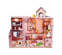 DIY Miniature House Kit Cat House, Dollhouse Kit for Adults, Teens and Beginners, 3D Wooden Model Craft Kit with LED, Bookshelf Decor, Gift for Women Girls Family Friends Cat Lovers