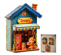 Diy Miniature Wooden House Model Fridge Magnet Kit, Magnet Building Doll House 3D Puzzles With Led Light for Fridge & Desk Bookshelf Decor, 3D Puzzles Tiny Room Crafts Ornament Gifts (Cat Grocery)