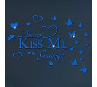 DIY Mirror Butterfly Wall Sticker Always KISS ME Goodnight Quotes Wall Decal, VAZZOLA 3D Butterflies Heart Acrylic Décor Art Murals Home Decoration for Living Room Office Bathroom (Silver) (s03)