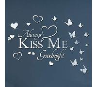 DIY Mirror Butterfly Wall Sticker Always KISS ME Goodnight Quotes Wall Decal, VAZZOLA 3D Butterflies Heart Acrylic Décor Art Murals Home Decoration for Living Room Office Bathroom (Silver) (s01)