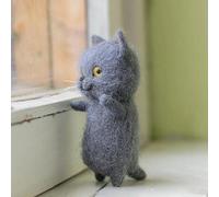 DIY Needle Felt Kit with Cat Wool Felt Material Package Includes Unfinished Cloth and PVC for Handmade Cat Doll Simulation Project (The Blue Cat)