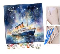 DIY Paint by Numbers Flame Cruise Ship at sea Night Sky Shining Stars (1) with Paint Brushes and Acrylic Painting Kit 16x16 Inch for Kids and Adults Beginner Gifts