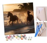 DIY Paint by Numbers Flame Horses Running on The Beach at Sunset (5) with Paint Brushes and Acrylic Painting Kit 16x16 Inch for Kids and Adults Beginner Gifts