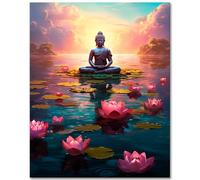 DIY Paint by Numbers for Adults Water Lilies, Buddha Statue Painting by Numbers Kits with 3 Paintbrushes and Acrylic Pigment 16X20 Inch Frameless Canvas Wall Decor Oil Painting for Friends Family