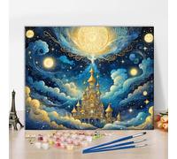 DIY Paint by Numbers Kit for Adults Beautiful Castle Paint by Number Kits on Canvas Blue Night Sky with a Moon Paint by Number for Adults with Brushes Art Crafts for Home 16"x20"
