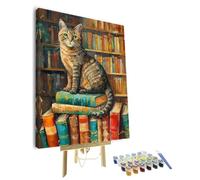 DIY Paint by Numbers on Canvas Cat Sitting on A Stack of Books Painting Kits for Adults Beginner Cat Color by Numbers for Adults 16x20 inch Animal Oil Painting Kits Gift(with Frame)