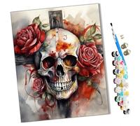 DIY Paint by Numbers Skull Cross red Roses (6) with Paint Brushes and Acrylic Painting Kit 16x20 Inch for Kids and Adults Beginner Gifts-Frameless